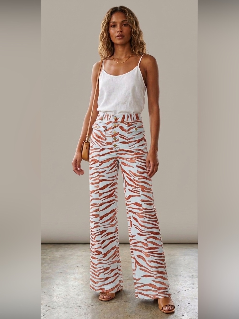 Finders Keepers Garcia Pants Womens Size Large USA 8 Blue Tiger Print Wide Leg
